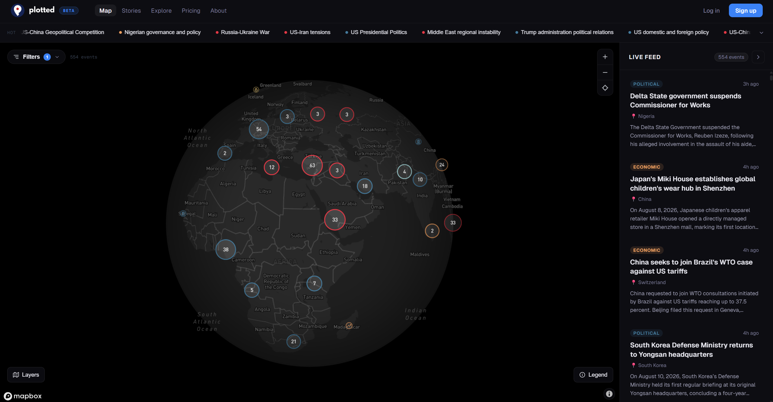 The live Plotted map, showing global events plotted on a dark globe with a live feed sidebar