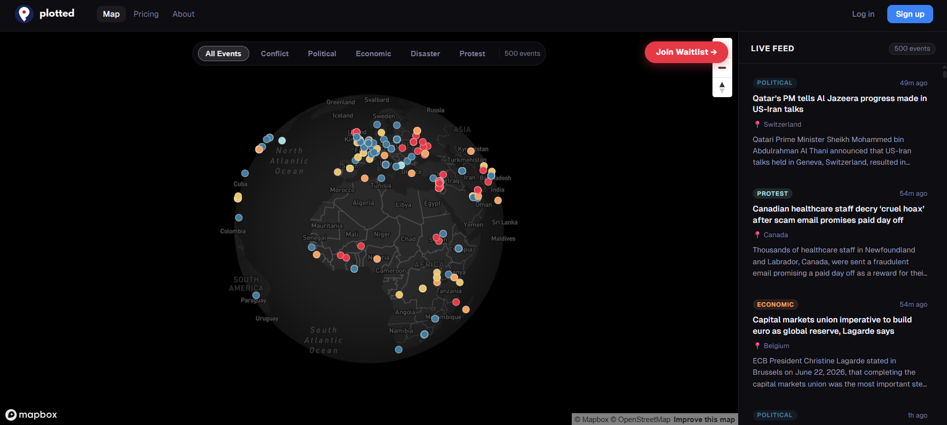 Plotted app — live map with events